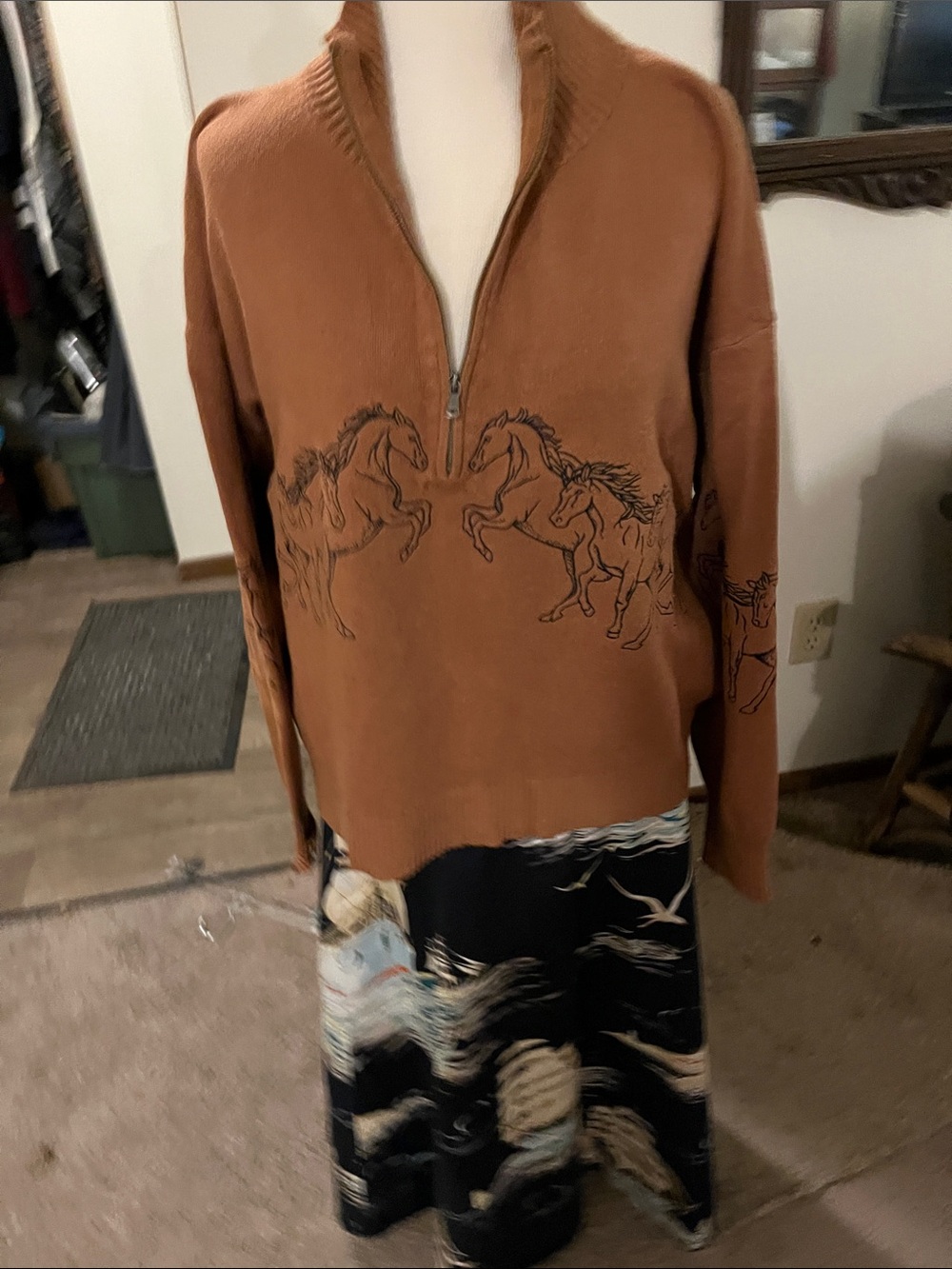 Mauve Rust Brown Horse-Print Half-Zip Cardigan Sweater